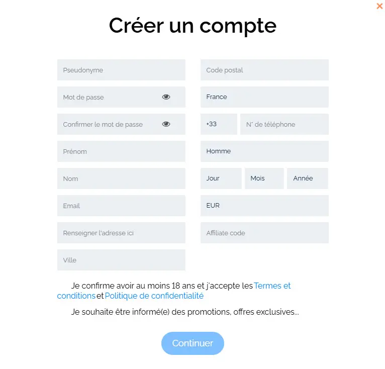 Processus d'inscription COCOA CASINO